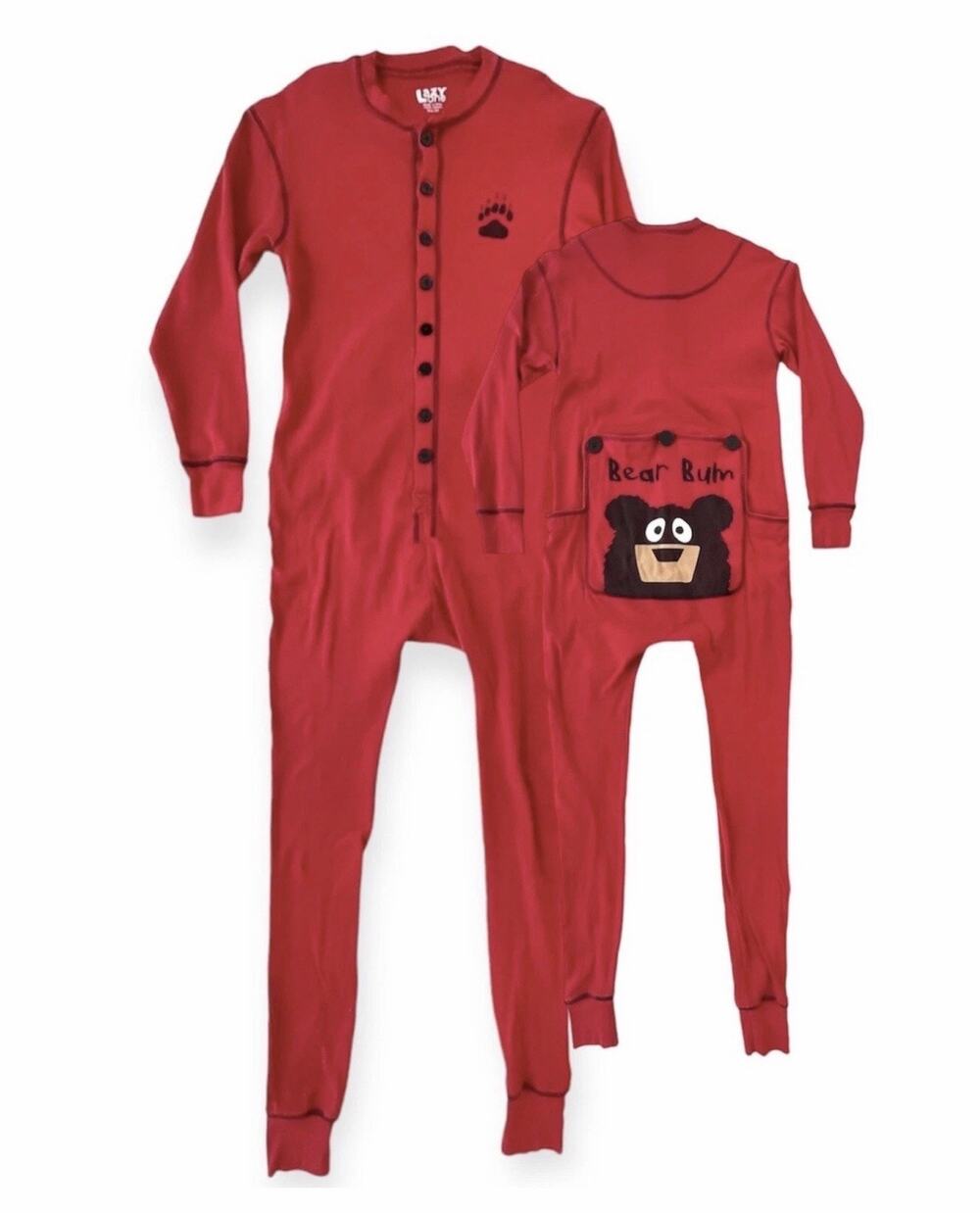 Lazy One Bear Bum Red Flapjack Long Johns One Piece Pajamas Size M Adult NWT